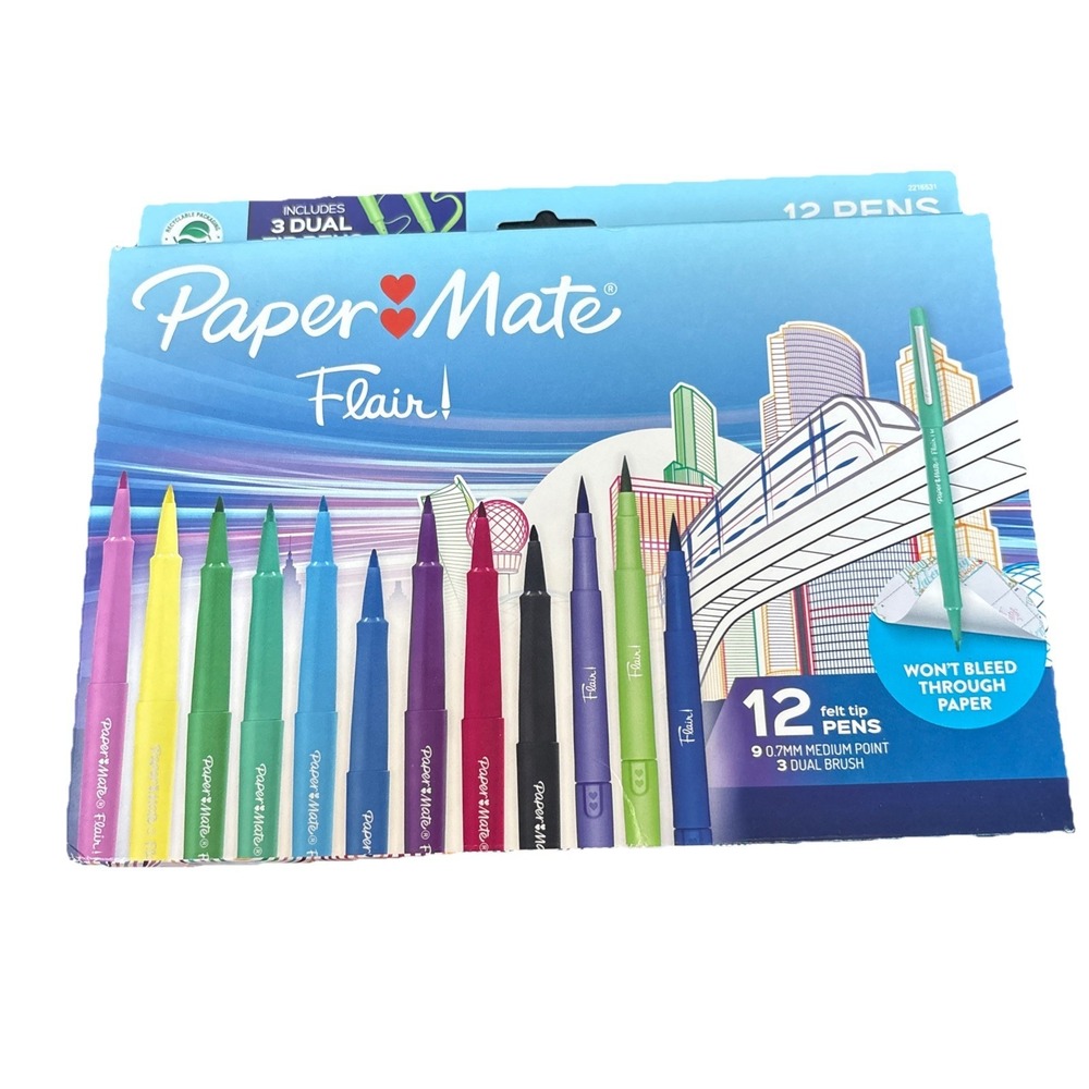 New Paper Mate‎ Flair Felt Tip Pens 12 Count Vibrant Assorted Colors 12-pack